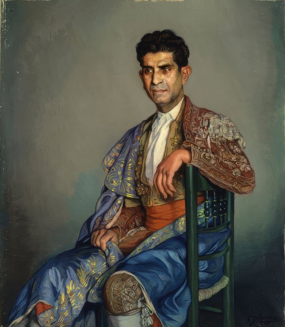 (TJURFÄGARE MED LJUSKOSTYM SITTER PÅ EN STOLS) - 1900-talet av Ignacio Zuloaga y Zabaleta