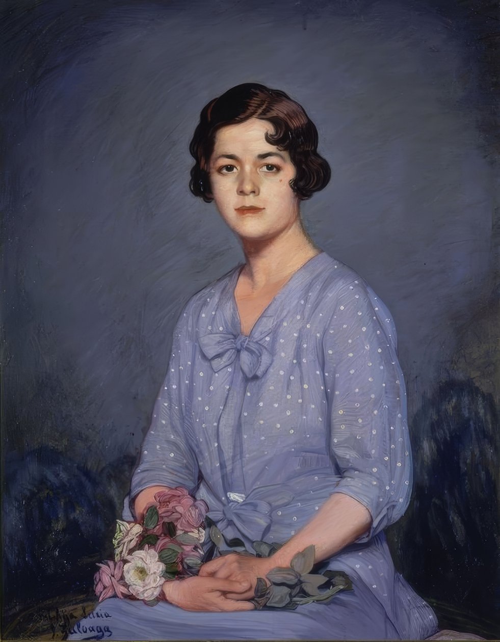 LUCIA - (PORTRÄTT AV EN UN FLICKA SITTER MED BLOMMOR I HAND) - 1900-talet av Ignacio Zuloaga y Zabaleta