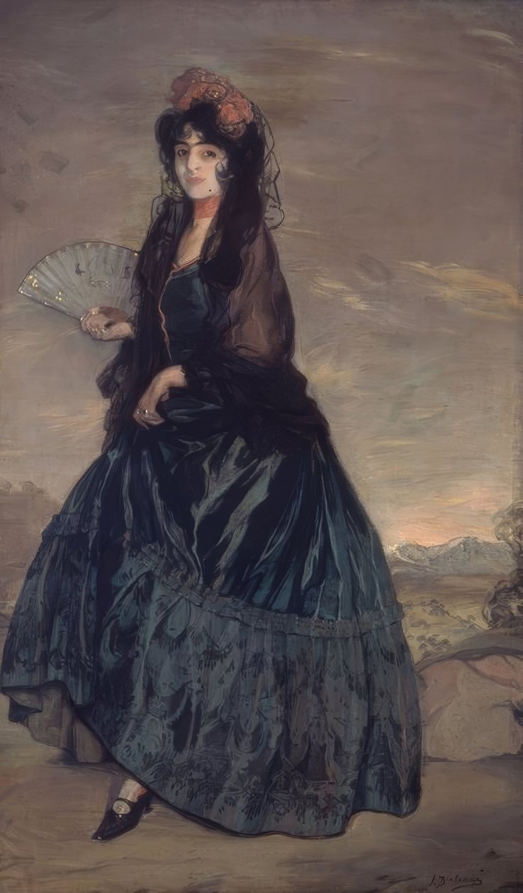 KVINNA MED TÄCK, BLOMMOR OCH FLÄKT - KANVASLJA - 199 × 120,5 CM av Ignacio Zuloaga y Zabaleta