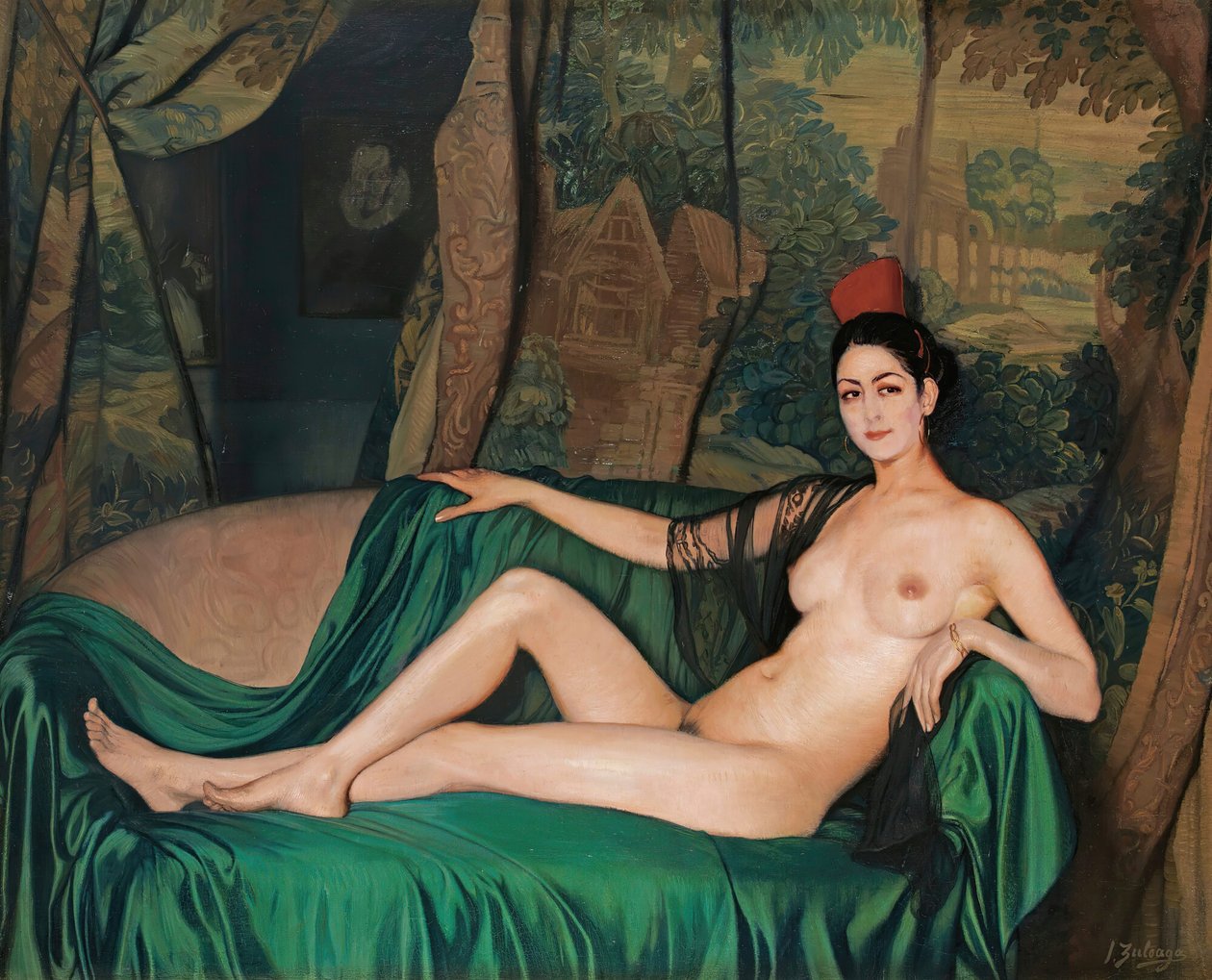 Madame Souty vilande på en Madame Souty-soffa, 1921. av Ignacio Zuloaga y Zabaleto