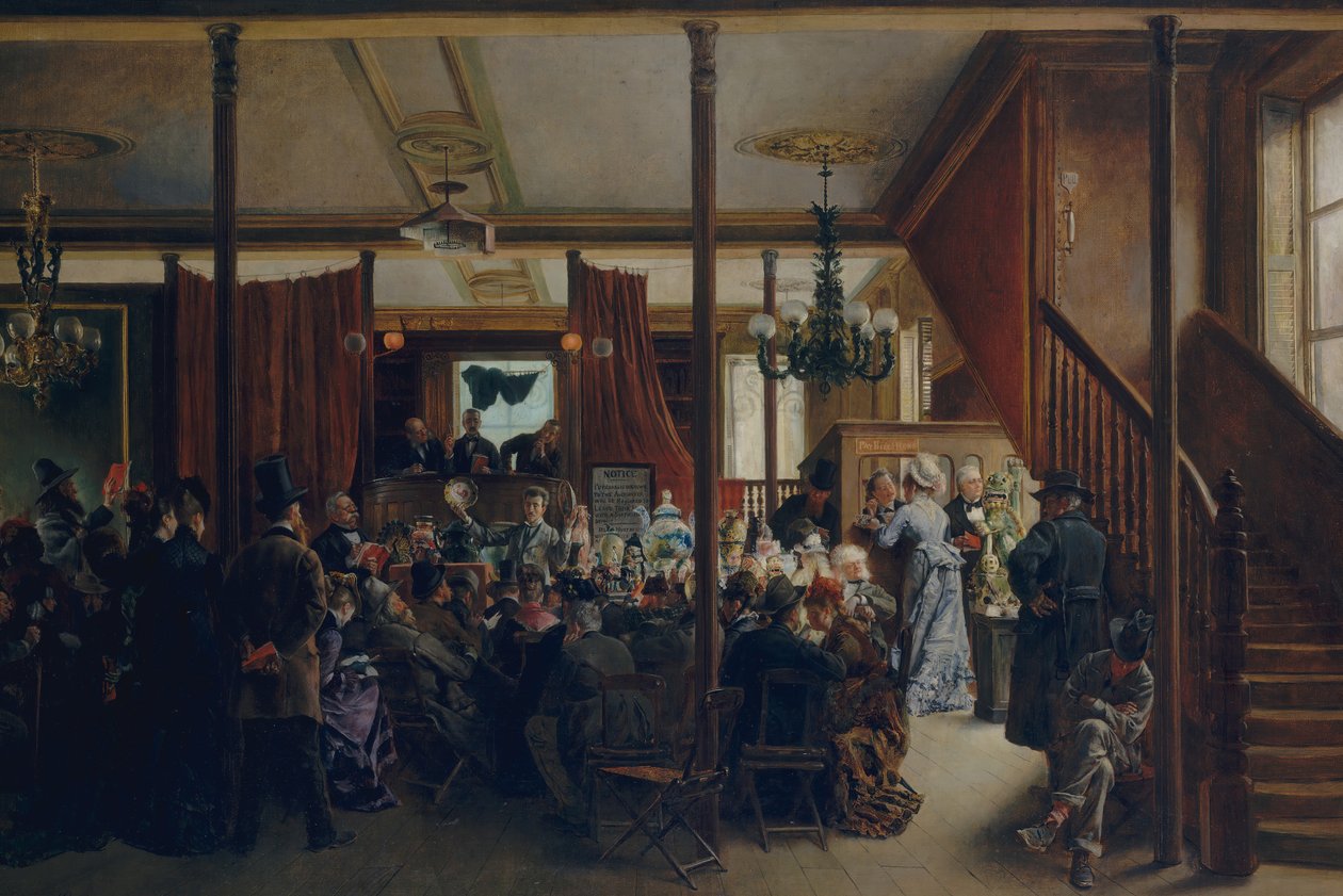 Auktionsförsäljning i Clinton Hall, New York, 1876, 1876. av Ignacio de León Escosura