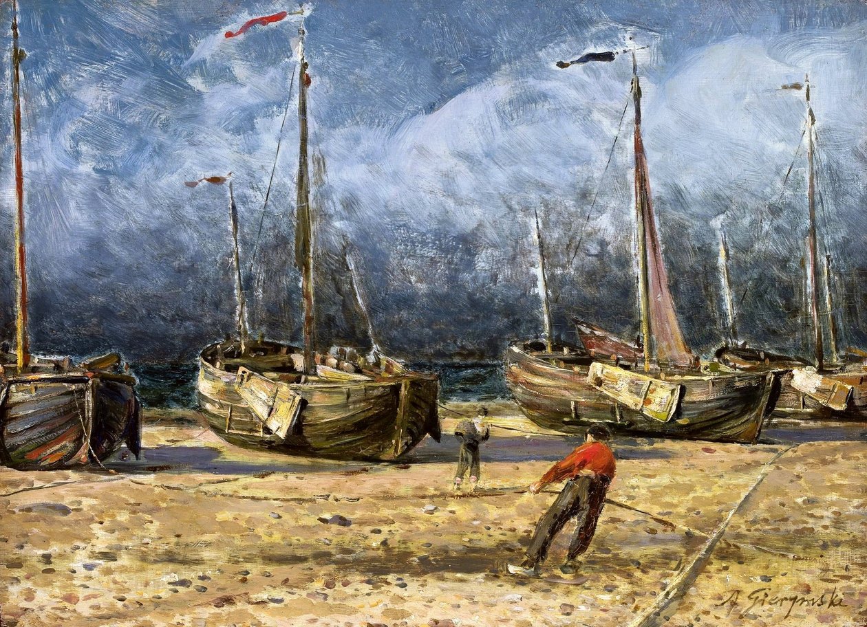 Fiskebåtar vid stranden. av Ignacy Aleksander Gierymski