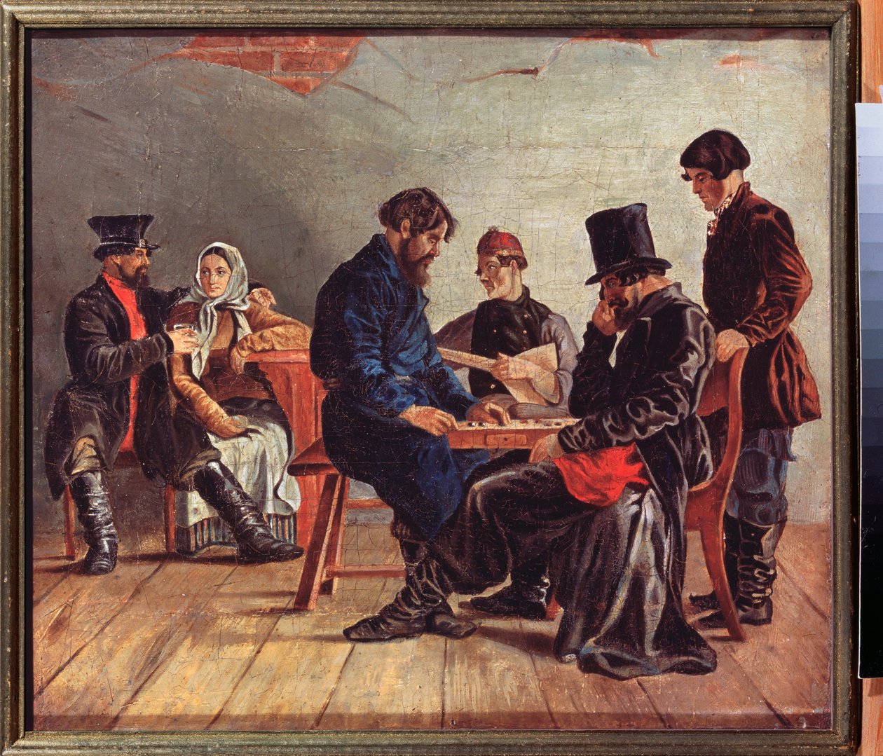 The Drafts Players (två koncentrerade spelare, en musiker och ett par, i en krog) - The Drafts Players - Målning av Ignati Stepanovich Shchedrovsky (1815-1870), olja på duk - 1800-talets rysk konst - Statens konstmuseum, Nizhny Novgorod ( Ryssland) av Ignati Stepanovich Shchedrovsky