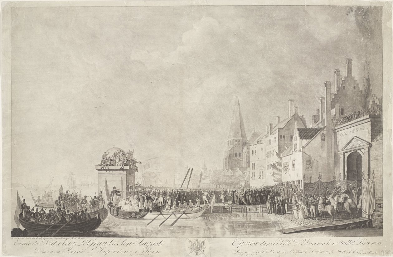 Aankomst van Napoleon i Josephine te Antwerpen, 1803 Napoleon den store och hans maka Auguste intog i staden Antwerpen den 18 juli 1803 (titel på objektet) av Ignatius Joseph van den Berghe