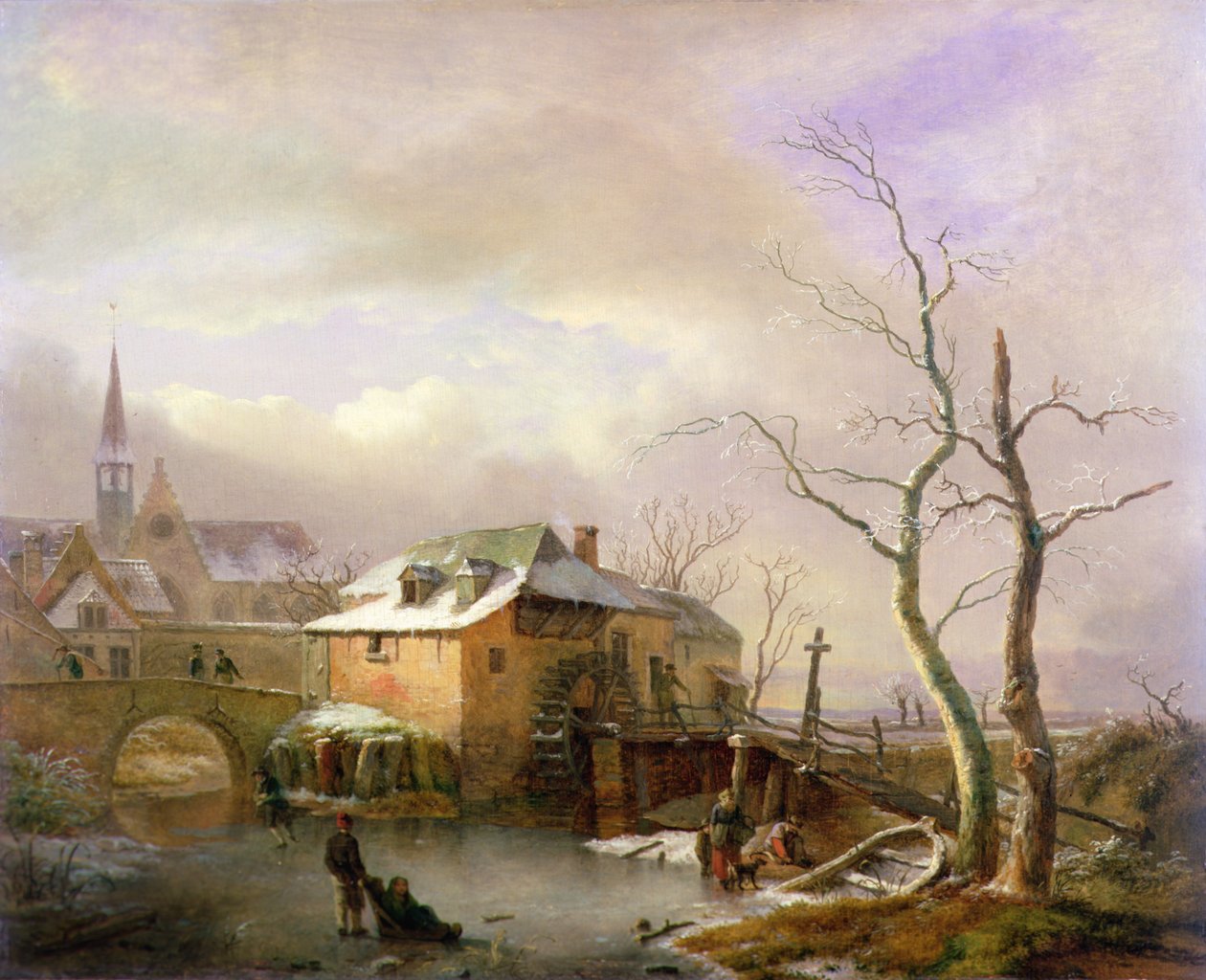 Ett vinterlandskap med bönder på en frusen kvarndamm vid en by (olja på duk) av Ignatius Josephus van Regemorter