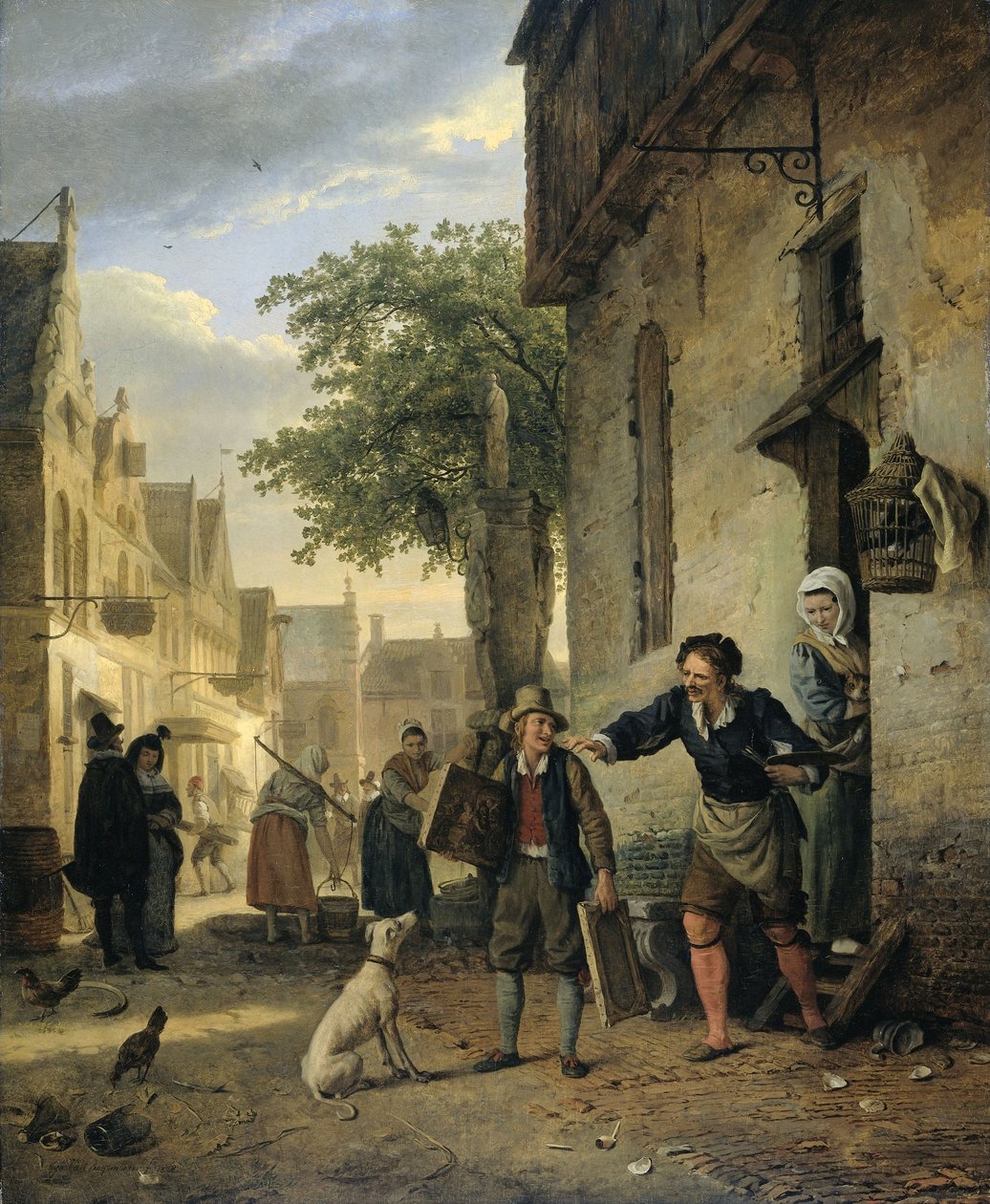 Jan Steen skickar ut sin son på gatorna för att byta målningar mot öl och vin av Ignatius Josephus van Regemorter