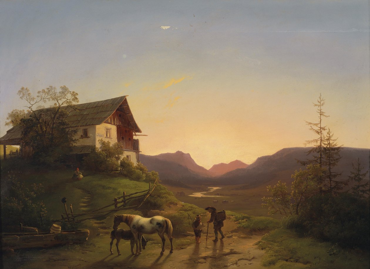 Abendstimmung vor weiter Landschaft mit Pferden av Ignaz Raffalt