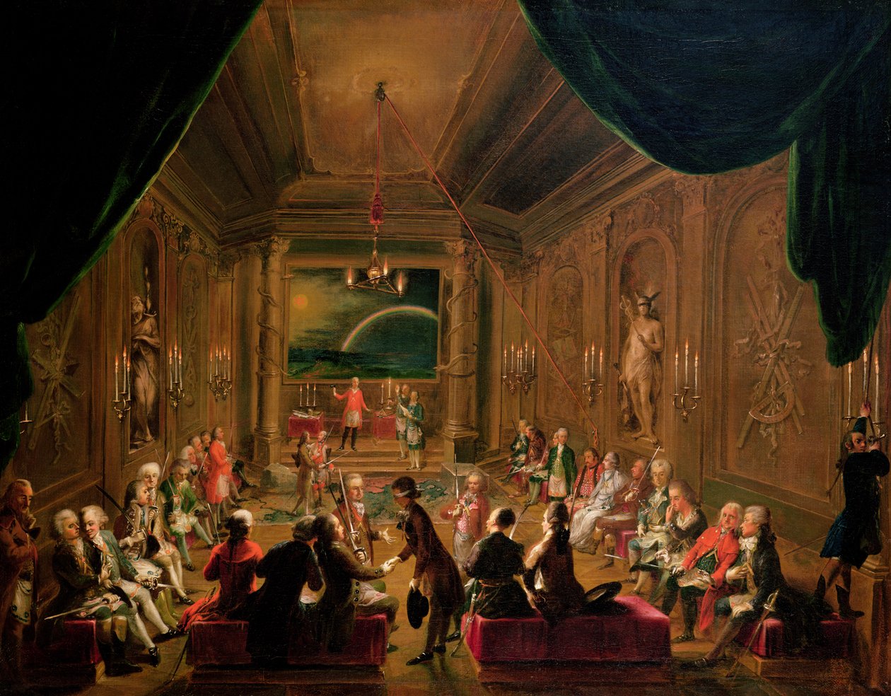 Invigningsceremoni i en frimurarloge i Wien under Josef II:s regeringstid, med Mozart sittande längst till vänster, 1784 av Ignaz Unterberger