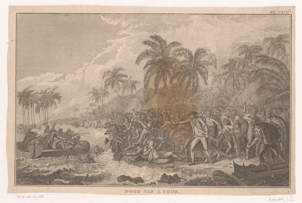James Cooks död under en strid med folket på Hawaii J. Cooks död (titel på objektet) av Ignaz Sebastian Klauber (possibly)