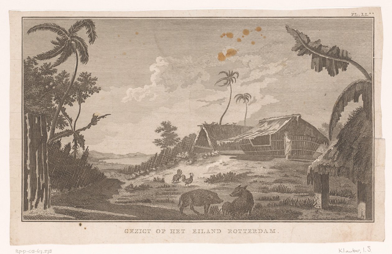 Utsikt över ön Nomuka i Stilla havet från land Utsikt på ön Rotterdam (titel på objekt) av Ignaz Sebastian Klauber (possibly)