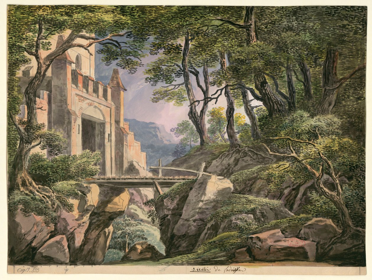 Skiss för inredningen av den första akten, opera Lodoïska av Cherubini, framfördes först på Théâtre Feydeau i Paris den 18 juli 1791 av Ignazio Degotti