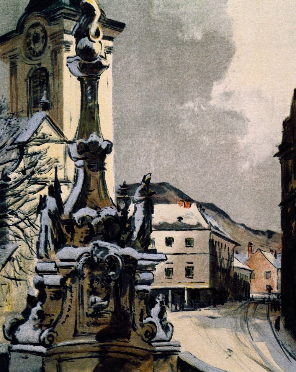 Utsikt över Hainburg an der Donau, Österrike, stad där Franz Joseph Haydn (1732-1809) studerade musik mellan 1738 och 1740, tryck av Igo Potsch (1884-1943) för att fira hundraårsdagen av musikerns död av Igo Potsch
