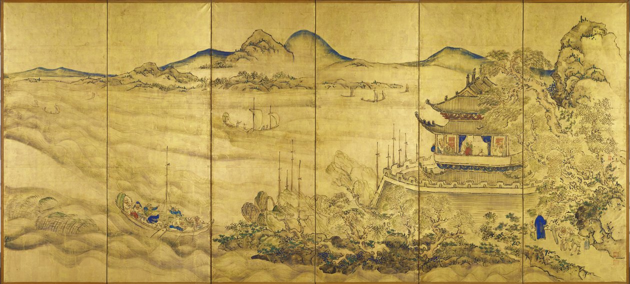 Landskap med torn, ca 1750 (guld, bläck  färg på papper) av Ike no Taiga