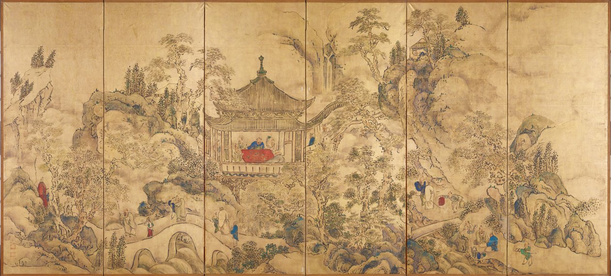 Landskap med en paviljong (Roukaku Sansui Zu, Landskap med torn) - Vänster del av ett par sexpanelsskärmar av Ike no Taiga (1723-1776), akvarell och bläck på papper, cirka 1750 - 1700-talets japansk konst, orientalisk landskap - Tokyo National M av Ike no Taiga