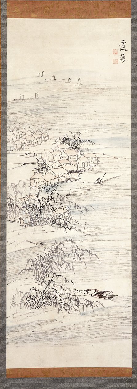 River Village And Fishing Pleasure (färg och bläck på papper) av Ike no Taiga