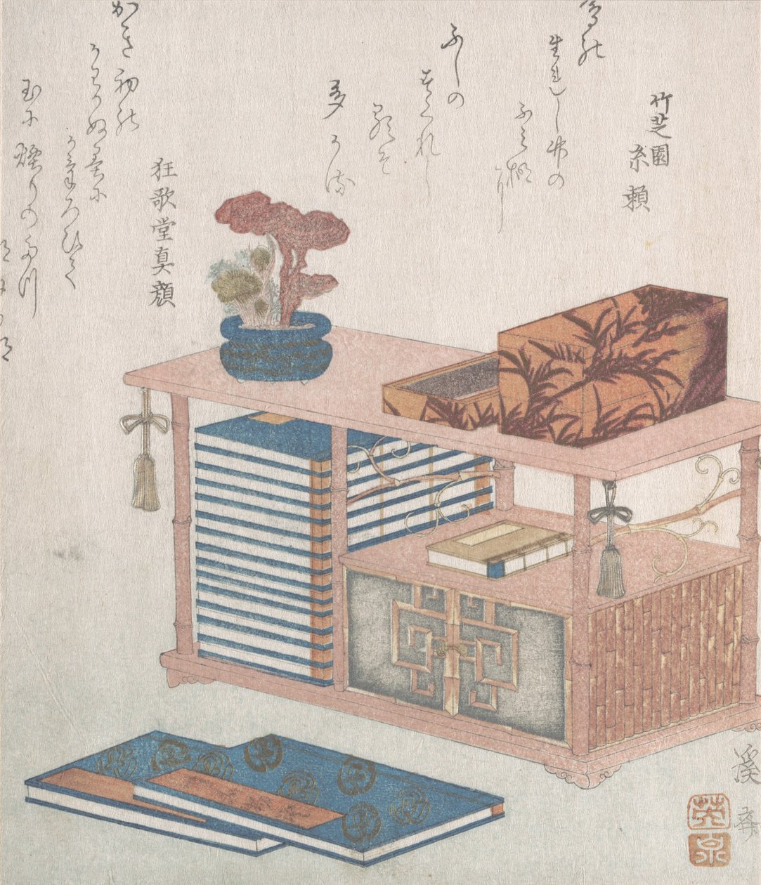 Böcker och en bokhylla, 1800-talet. av Ikeda Eisen