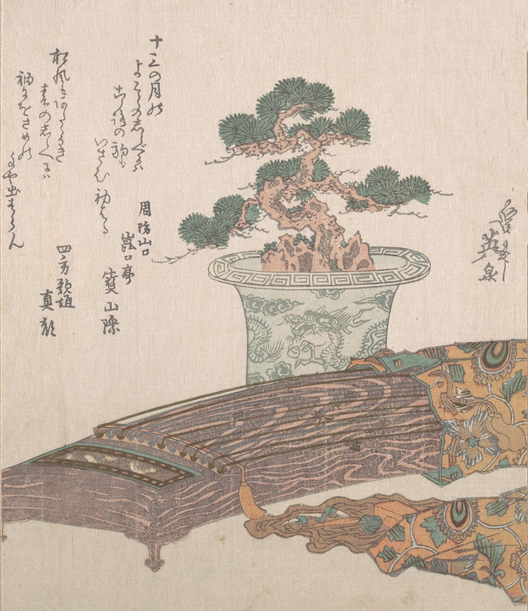 Potted Pine Tree och Koto japansk harpa, 1800-talet. av Ikeda Eisen