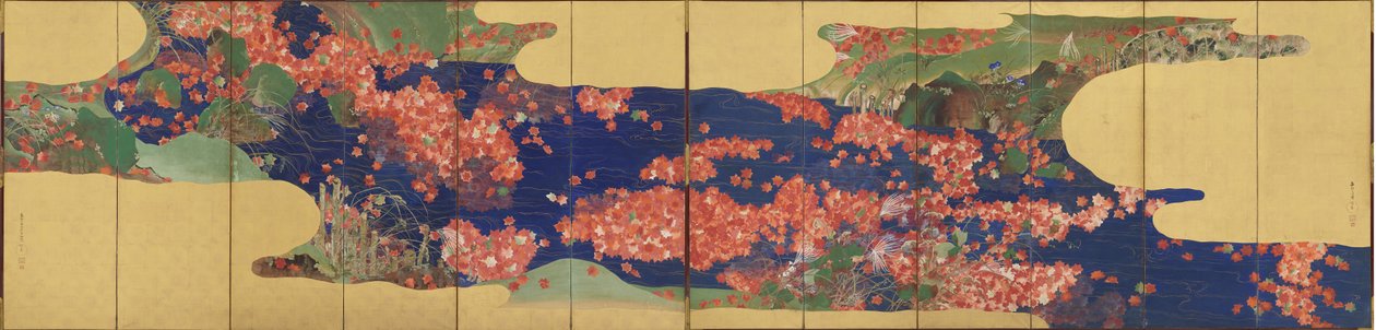 Lönnlöv på en bäck, skärm med sex paneler, Edo Period av Ikeda Koson