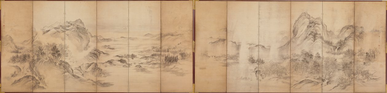 Mountain Views, baksidan av en skärm med sex paneler, Edo Period, 1856-58 (tvätt på papper) av Ikeda Koson