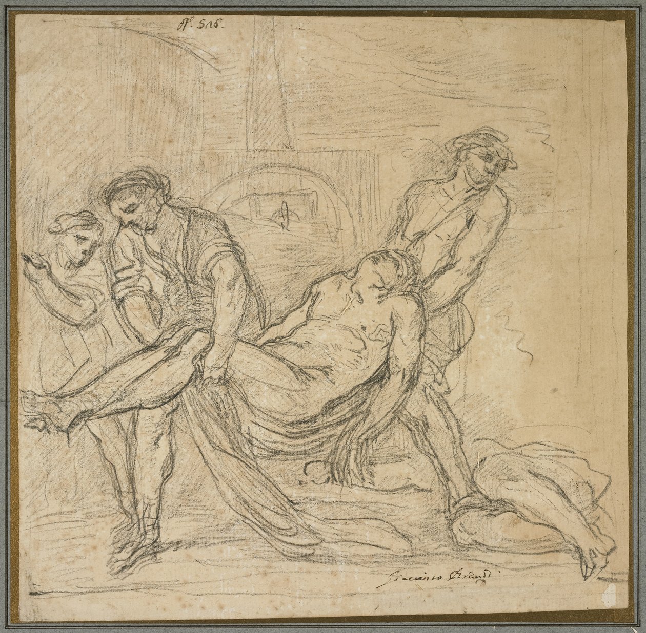 Saint Abdon och Saint Sennen begraver kristna martyrer, ca 1653-1657 (svart krita på papper) av Il Borgognone