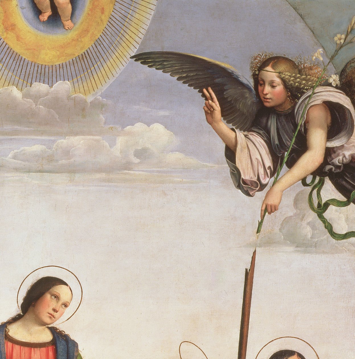 Annunciation and Saints, detalj av ärkeängeln Gabriel, 1500 (detalj av 33423) av Il Francia