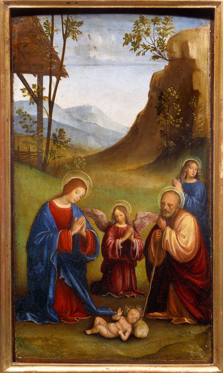 Tillbedjan av barnet. Sankt Josef, Jungfru Maria och en ängel ber runt den nyfödde Kristus. Målning av Francesco Francia (1450-1517) av Il  Francia