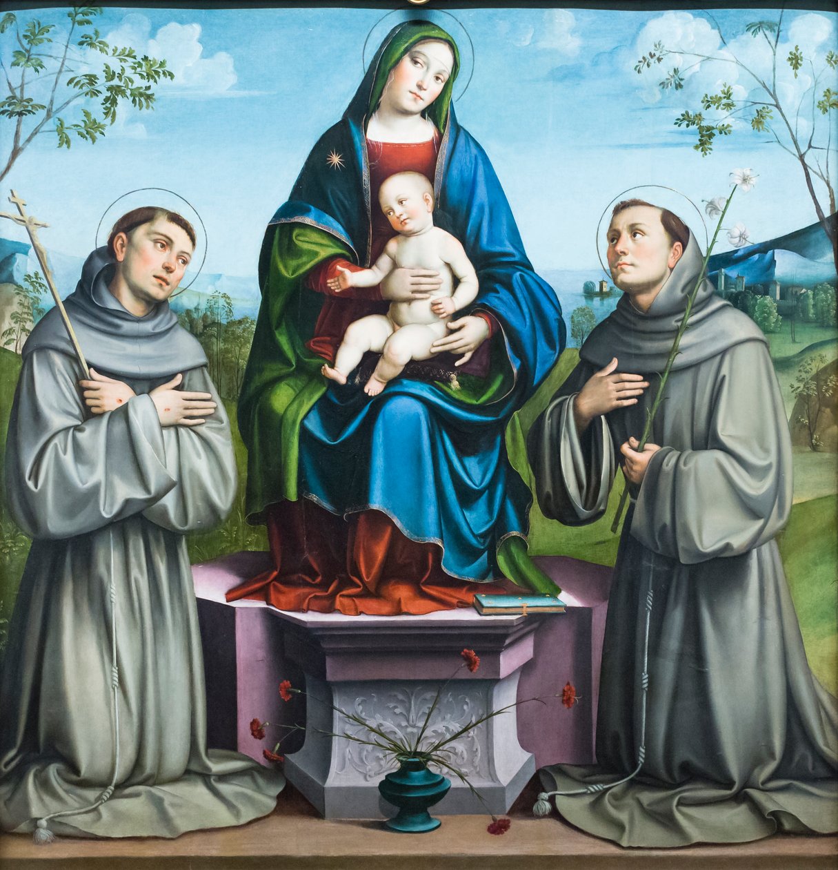Madonna och barn med den helige Franciskus av Assisi och den helige Antonius av Padua av Il (1450 1517) Francia