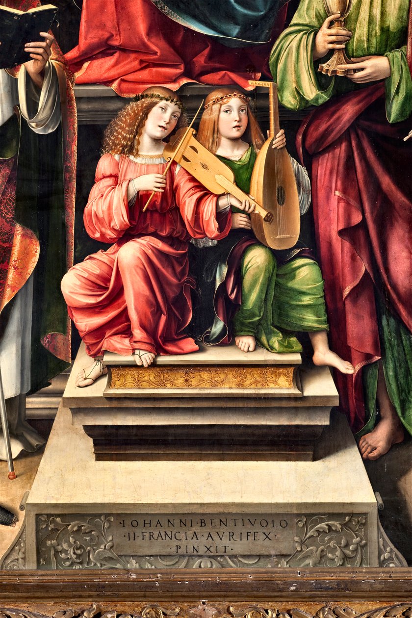 Musiker änglar, detalj av Jungfru med barn och St Proculus, St John evangelist, St Augustine, St Sebastian (målning av Il  Francia