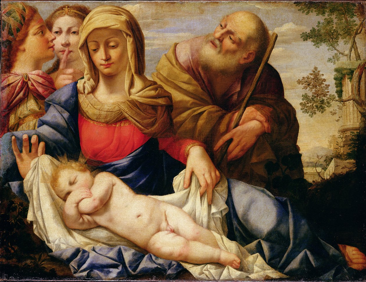 Den heliga familjen med två kvinnofigurer, mitten av 1600-talet (olja på duk) av Il (1609 85) Sassoferrato
