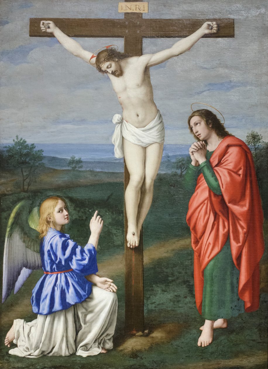 Den korsfäste Kristus mellan en ängel och Johannes evangelisten, ca 1640 (olja på duk) av Il (1609 85) Sassoferrato