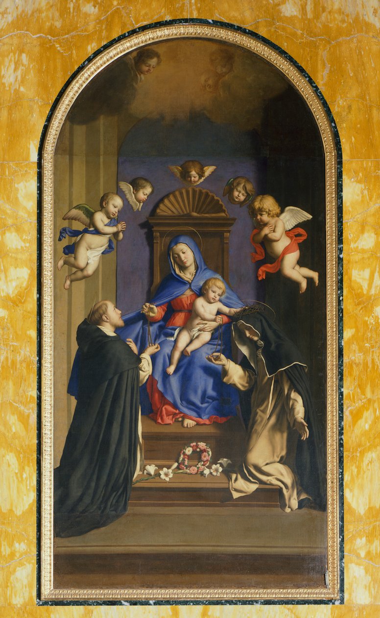 Vår Fru av Rosenkransen med St Dominic och St Catherine, Kapellet St Catherine, Basilica of St Sabine, Rom, Italien av Il  Sassoferrato