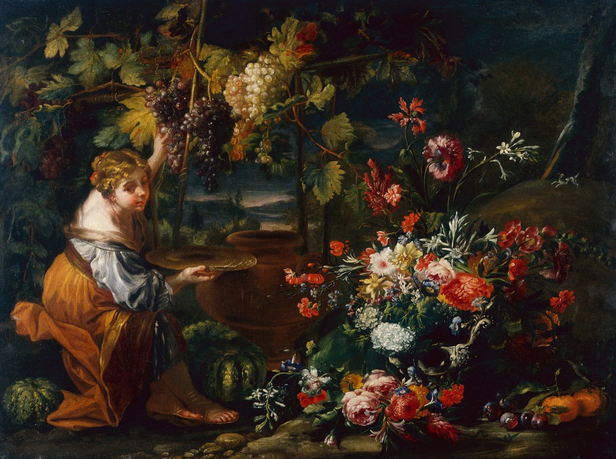 Ung flicka plockar druvor (olja på duk) av Il and Brueghel Abraham Borgognone
