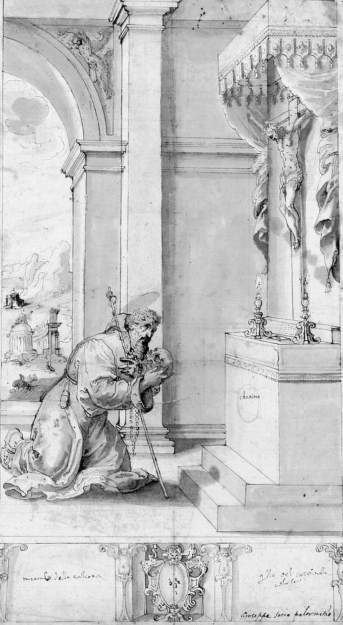 Ett helgon som knäböjer framför ett altare med ett krucifix: design för en processionsbaner (krita, penna och bläck och tvätt på papper) av Il (c.1550 1611) Sozzo