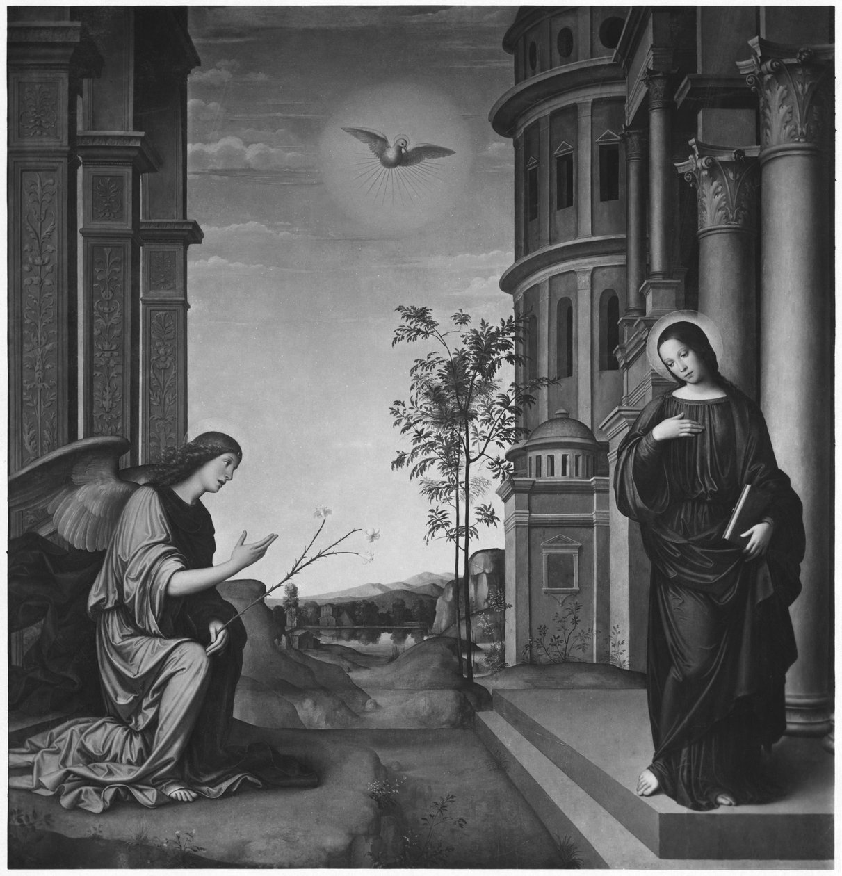 The Annunciation, c.1502 (olja på trä transponerad på duk) av Il Francia