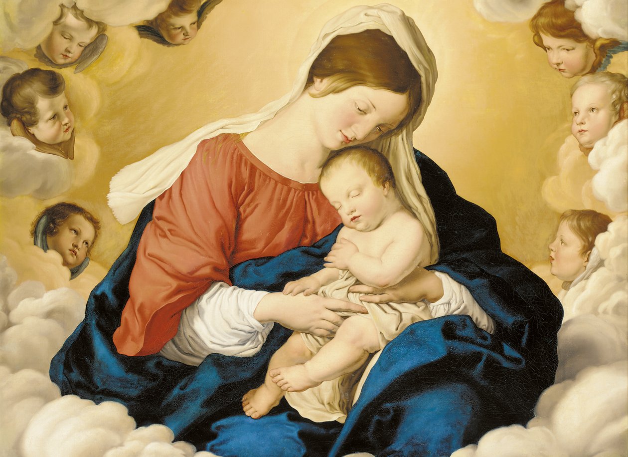 Madonnan och barnet i ära med keruber av Il Sassoferrato