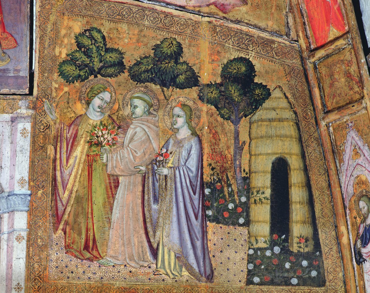 St Francis ackompanjerad av två änglar, fresk från Porziuncola, 1393 av Ilario da Viterbo