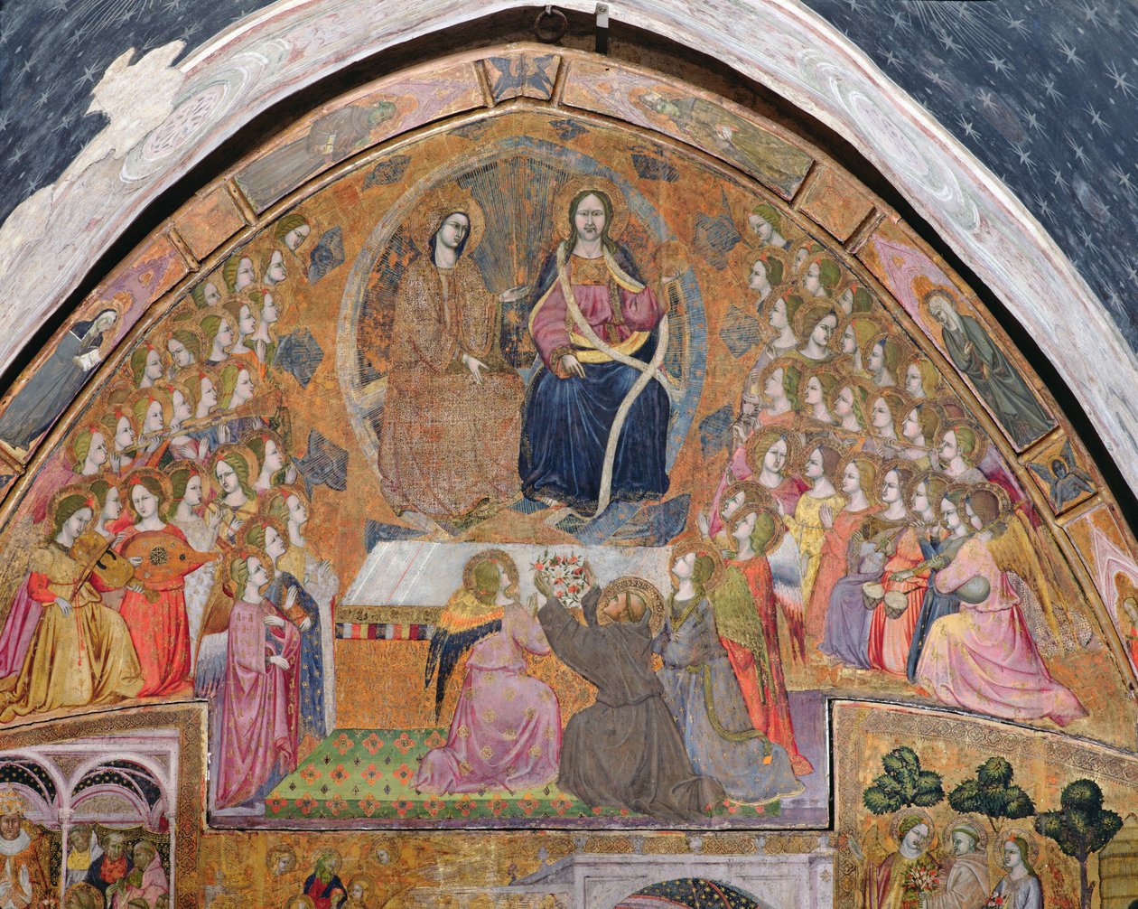 St Francis erbjuder rosor till uppenbarelsen av Kristus och Jungfrun, fresk från Porziuncola, 1393 av Ilario da Viterbo