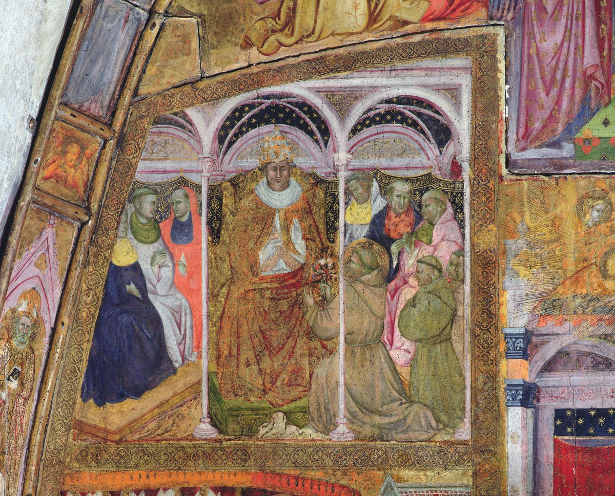 St Francis bönfaller påven Honorius III om bekräftelsen av överseendet, fresk från Porziuncola, 1393 av Ilario da Viterbo