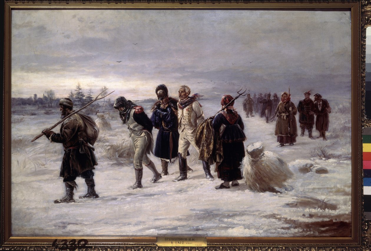 År 1812. (Fångar tillfångatagna från Napoleons Grande Armee går i snön, utmattade, eskorterade av ryska bönder). Målning av Illarion Mikhailovich Pryanishnikov (1840-1894), olja på duk av Illarion Mikhailovich Pryanishnikov