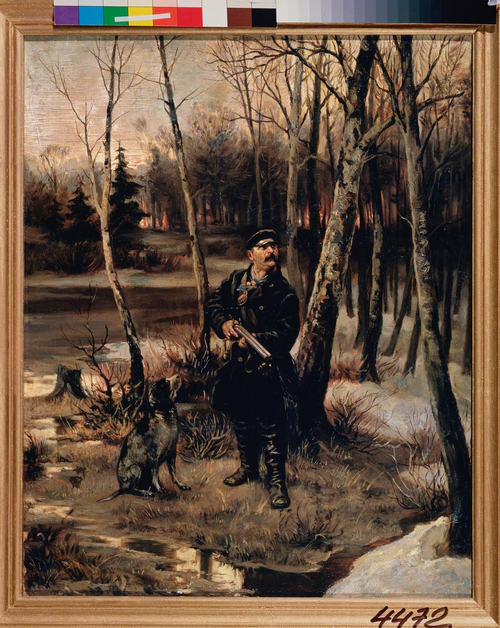 Woodcock Hunting - The Woodcock Shooting - Målning av Illarion Mikhailovich Pryanishnikov (1840-1894), olja på duk av Illarion Mikhailovich Pryanishnikov
