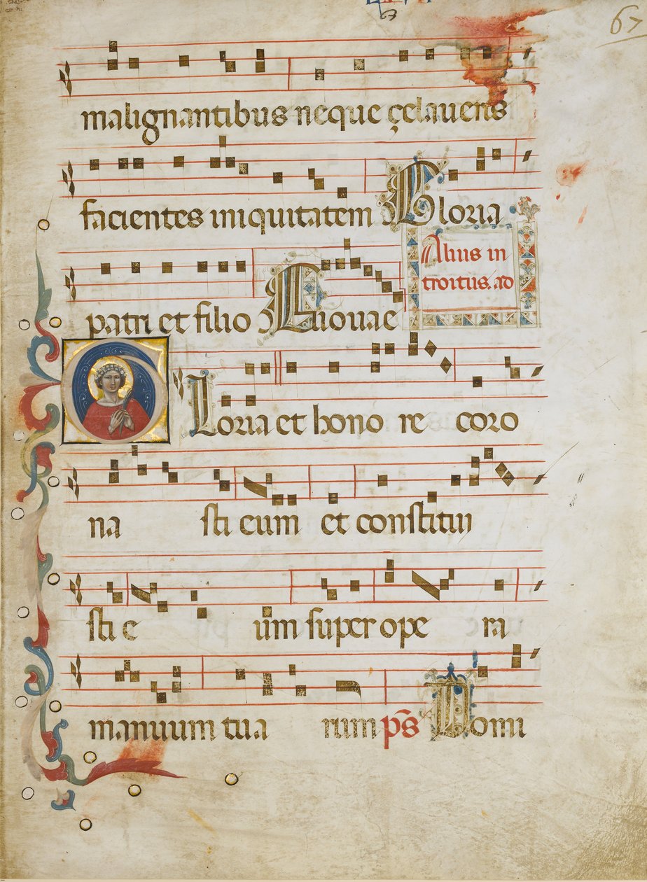 Manuskriptblad med ett kvinnligt helgon möjligen Dorothy i ett initialt G..., ca. 1330-40. av Illustratore