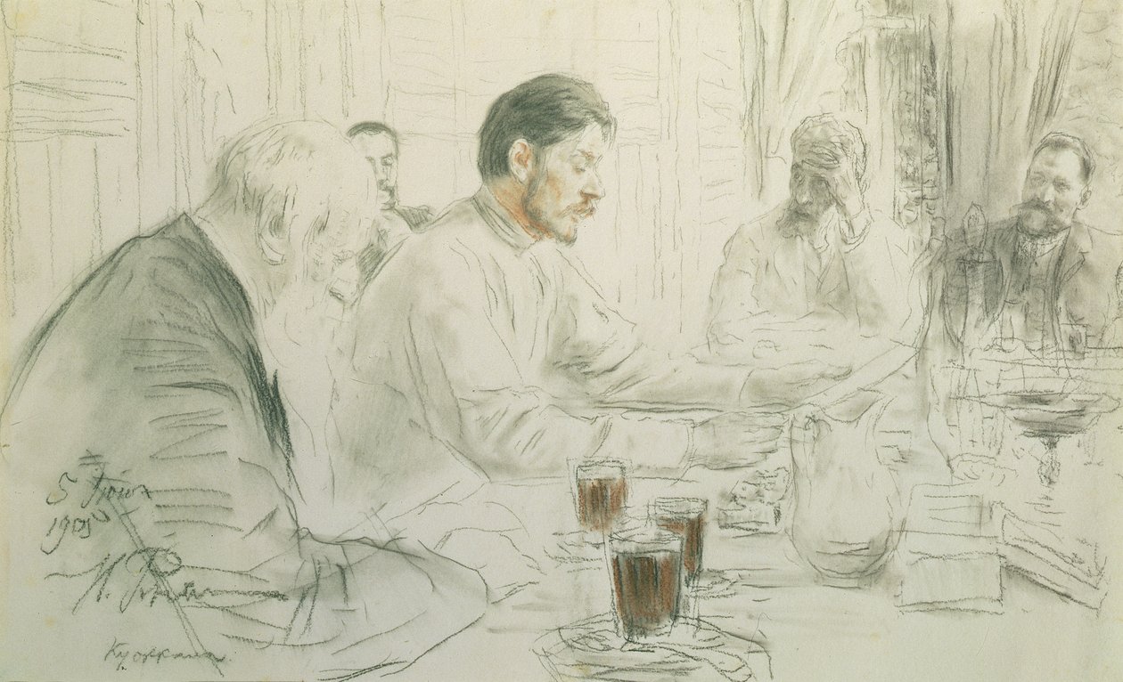 Maxim Gorkij (1868-1936) Läser sin dikt, "Solens barn", 1905 (penna och krita på papper) av Ilya Efimovich Repin