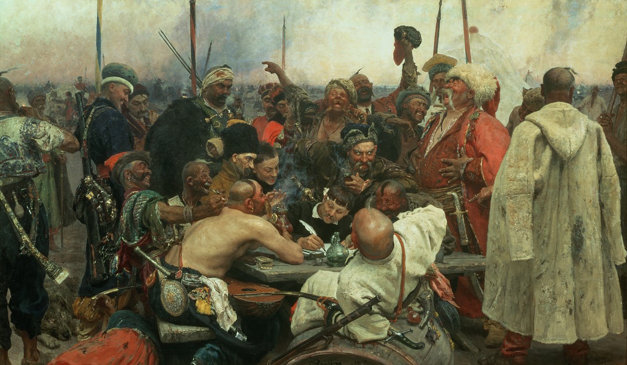 Zaporozhye-kosackerna skriver ett brev till den turkiske sultanen, 1890-91 av Ilya Efimovich Repin