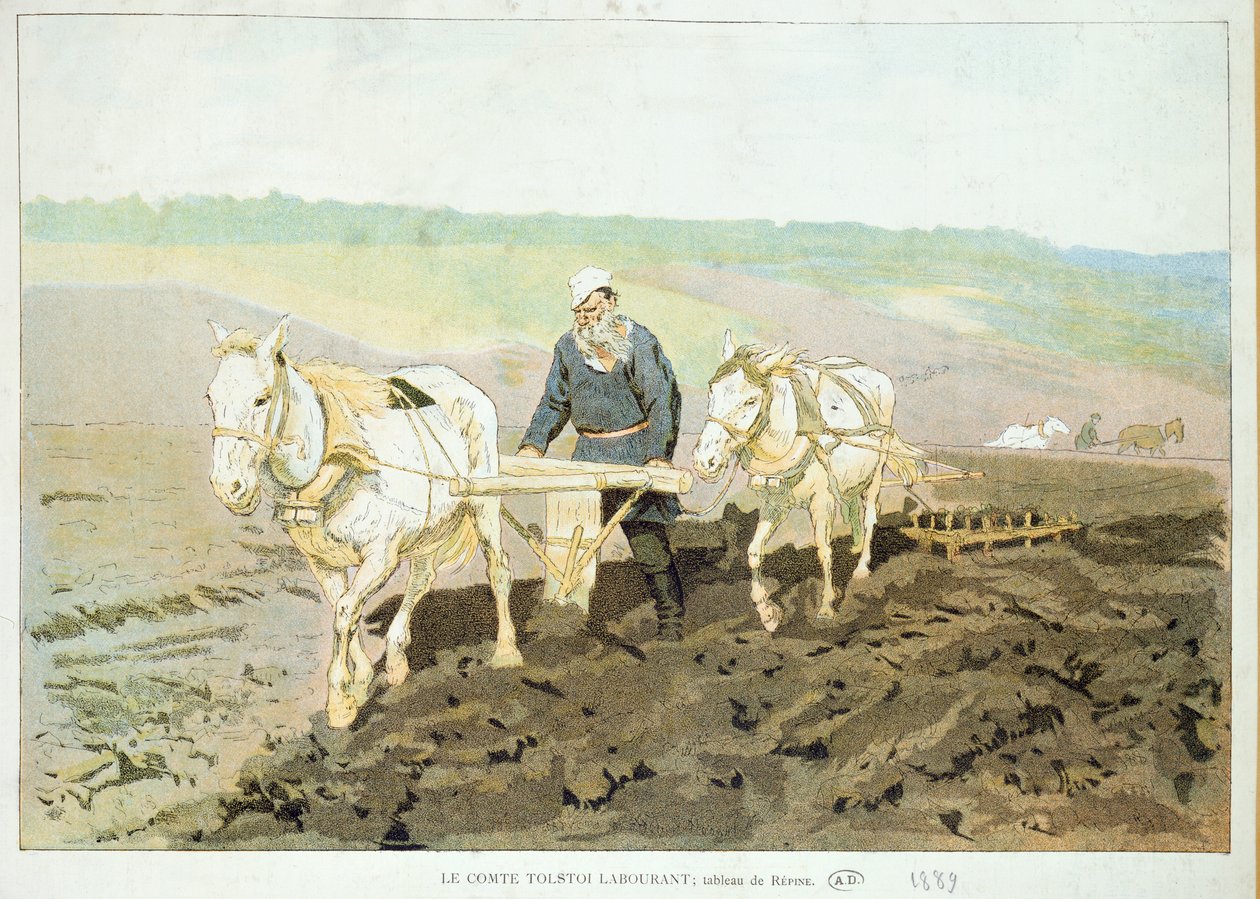 Författaren Lev Nikolaevich Tolstoy (1828-1910) plöjer med hästar, 1889 av Ilya Efimovich Repin