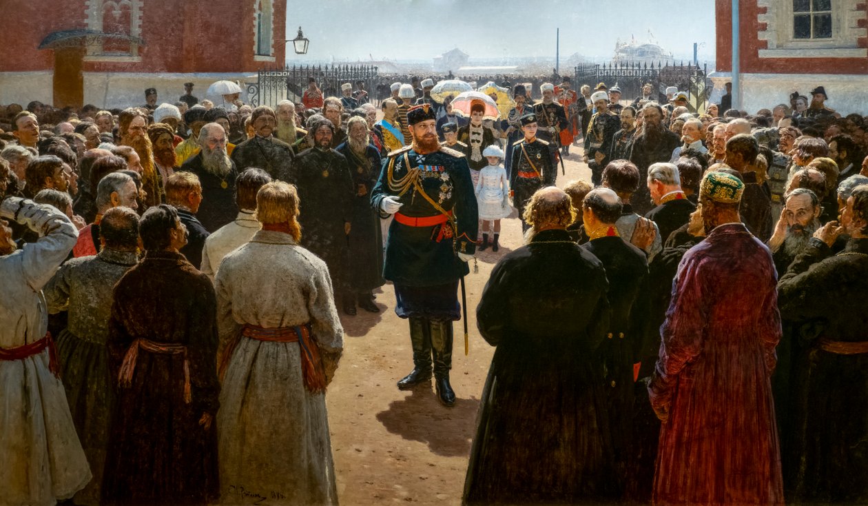 ALEXANDER III MOTTAGAR KANTONSDEKANER PÅ PALATENS GÅRD av Ilya Efimovich Repin
