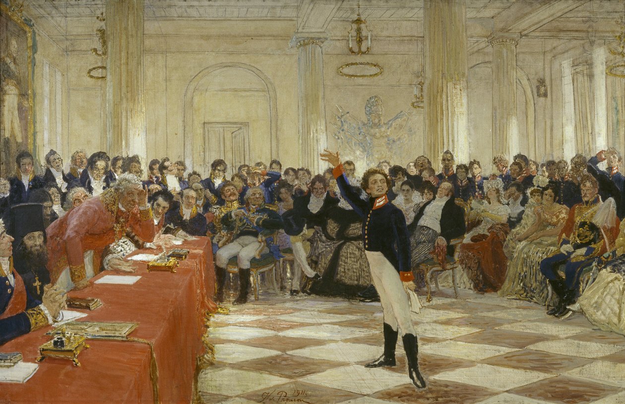 ""Alexander Pushkin vid en undersökning i Lyceum of Tsarskoye Selo den 8 januari av Ilya Efimovich Repin