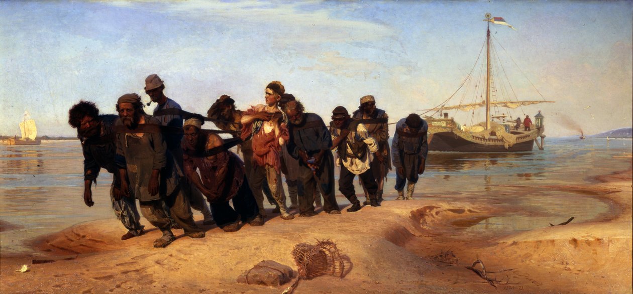 Pråmvagnar på Volga, 1872-1873 av Ilya Efimovich Repin