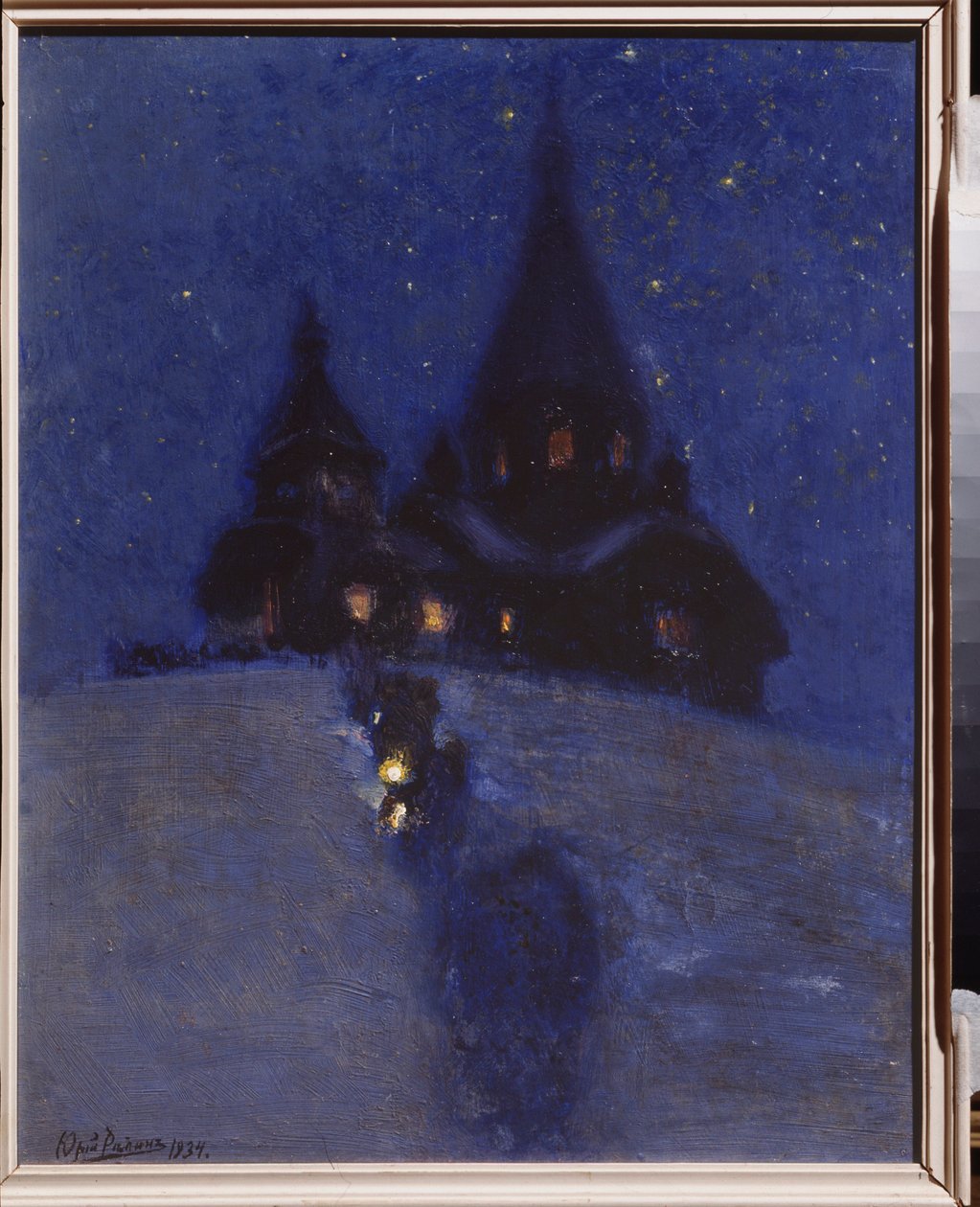 Kyrka i Kuokkala (eller Repino, Ryssland) på julnatten. Målning av Yuri Ilyich Repin (Youri Repin) (1877-1954), olja på trä, omkring 1910. Rysk konst, 1900-talet. I. Repins minnesmuseum Penates, Sankt Petersburg. av Ilya Efimovich Repin