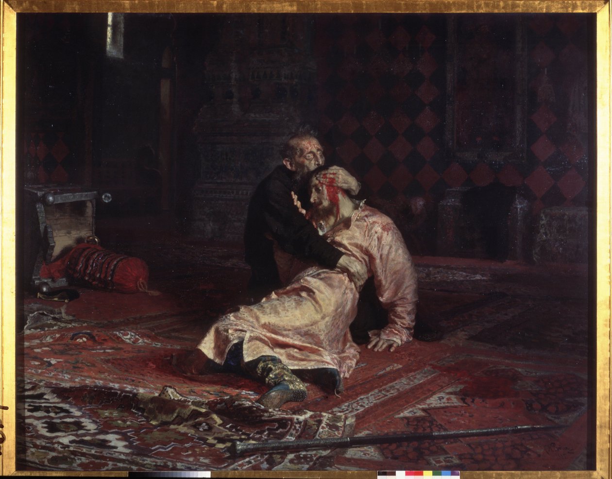 Ivan IV den förskräcklige (1530-1584) omfamnar sin son Ivan Ivanovich (1554-1581) som han just har sårat dödligt under ett gräl, fredagen den 16 november 1581. Målning av Ilya Yefimovich Repin (Ilia Repin) (183404) , olja på duk av Ilya Efimovich Repin