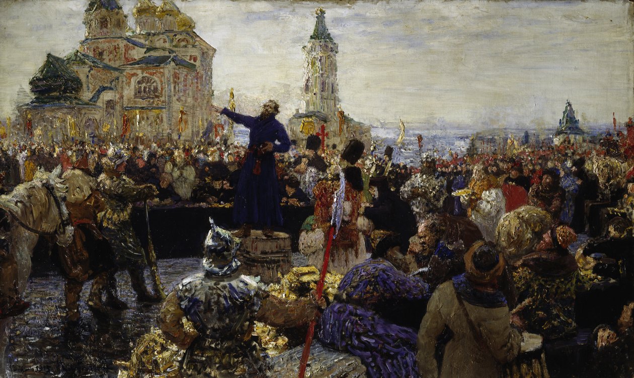 Kouzma (Kuzma) Minin (död 1616) kallar folket i Nizhny Novgorod 1611 (Han uppfostrade folket i Moskva mot polackerna) (Minin vädjar till folket i Nizhny Novgorod 1611) - Målning av Ilya Yefimovich Repin (18404-19304) ), olja på duk av Ilya Efimovich Repin
